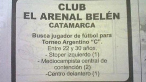 Clube argentino procura jogadores em an&uacute;ncio no jornal