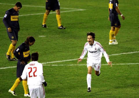 AC Milan's Filippo Inzaghi (9) runs to his teammate Kaka (22) after scoring the team's first goal against Boca Juniors during the FIFA Club World Cup soccer championship final match in Yokohama,  Japan, Sunday, Dec. 16, 2007. European club champion AC Milan of Italy defeated their South American counterpart Boca Juniors of Argentina 4-2. (AP Photo/Shuji Kajiyama)