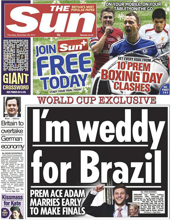 Capa do Sun com a reportagem sobre o casamento de Adam Lallana (Divulga&ccedil;&atilde;o)