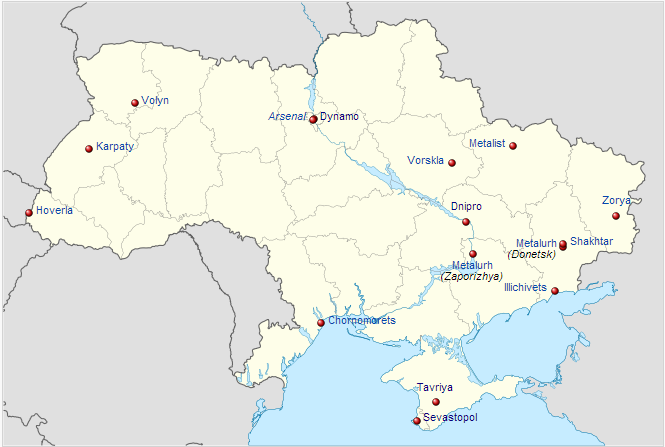 Clubes do Campeonato Ucr&acirc;niano 2013/14. Ao sul, a Crimeia. O rio Dniper, que corta o pa&iacute;s de norte a sul, ajuda a demarcar tamb&eacute;m a cis&atilde;o entre o oeste pr&oacute;-Europa e o leste pr&oacute;-R&uacute;ssia