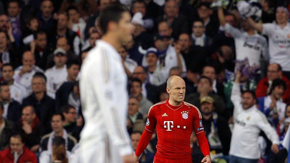 Bayern Munich' Arjen Robben from The Netherlands celebrates after scoring during a semi final second leg Champions League soccer match against Real Madrid's at the Santiago Bernabeu stadium, in Madrid, Wednesday, April 25, 2012. (AP Photo/Daniel Ochoa de Olza)