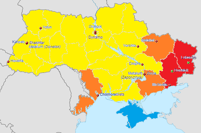 O mapa do Campeonato Ucraniano 2014/1: em vermelho, a regi&atilde;o pr&oacute;-R&uacute;ssia; em laranjas, zonas mistas; em amarelo, pr&oacute;-Ucr&acirc;nia; em azul, a Crimeia