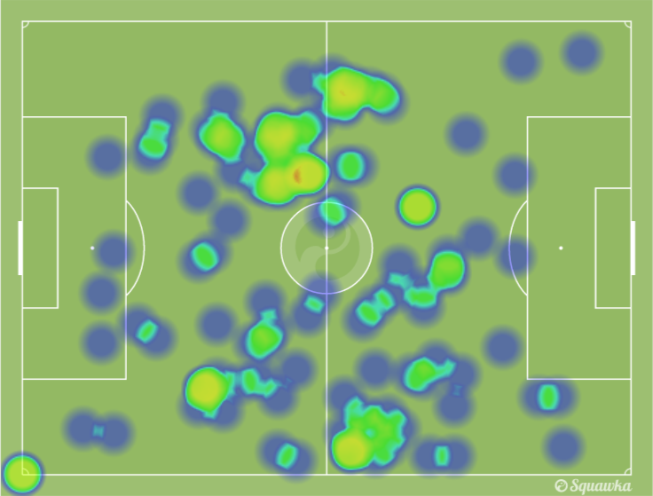 O gr&aacute;fico de calor de F&agrave;bregas contra o Burnley: movimenta&ccedil;&atilde;o por todo campo
