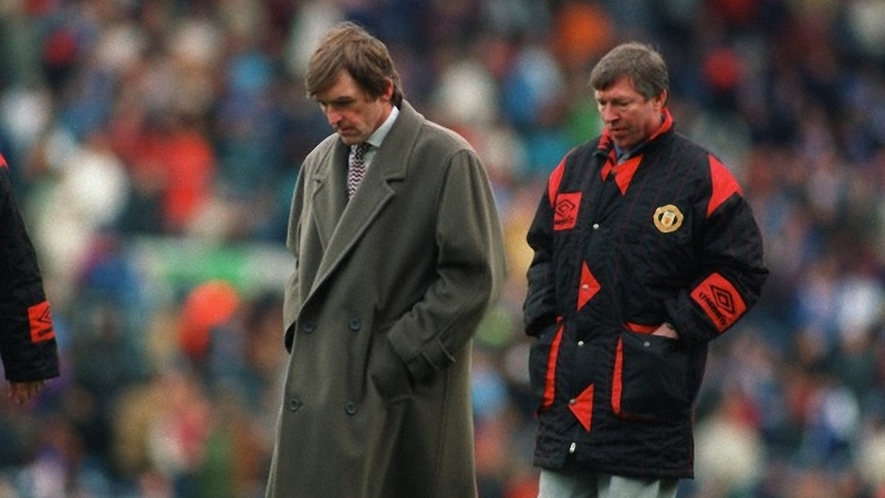 02 Apr 1994, Blackburn, Lancashire, England, UK --- 02/04/1994 Premier League football. Blackburn Rovers v Manchester United. Rival managers Kenny Dalglish and Alex Ferguson. --- Image by &copy; OFFSIDE/Corbis
