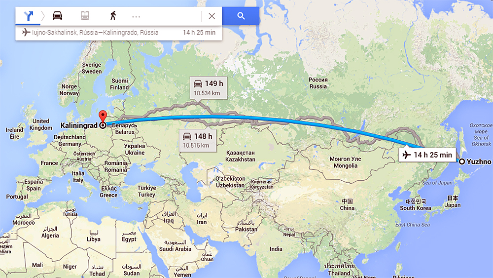 Possibilidades por terra e ar para ir de Kaliningrado a Yuzhno-Sakhalinsk (Google Maps)