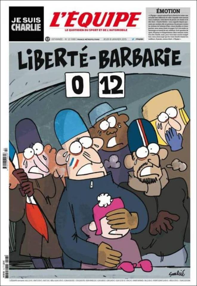 A capa do jornal L'Equipe deste 8 de janeiro de 2015