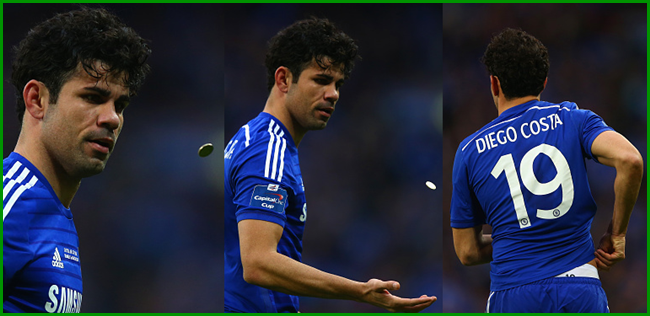 Diego Costa, do Chelsea, ao ver uma moeda que atiraram nele