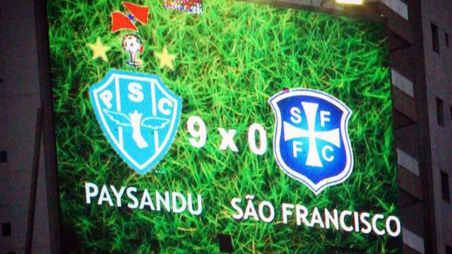 O placar da Curuzu mostra o recorde: Paysandu 9x0 S&atilde;o Francisco (Foto: Paysandu/divulga&ccedil;&atilde;o)