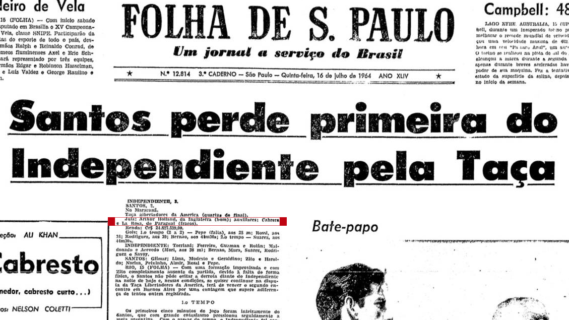 Relato de Santos 2x3 Independiente na Folha de S&acirc;o Paulo de 16 de julho de 1964