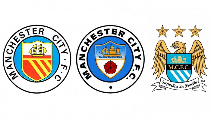Os tr&ecirc;s escudos que o Manchester City j&aacute; utilizou