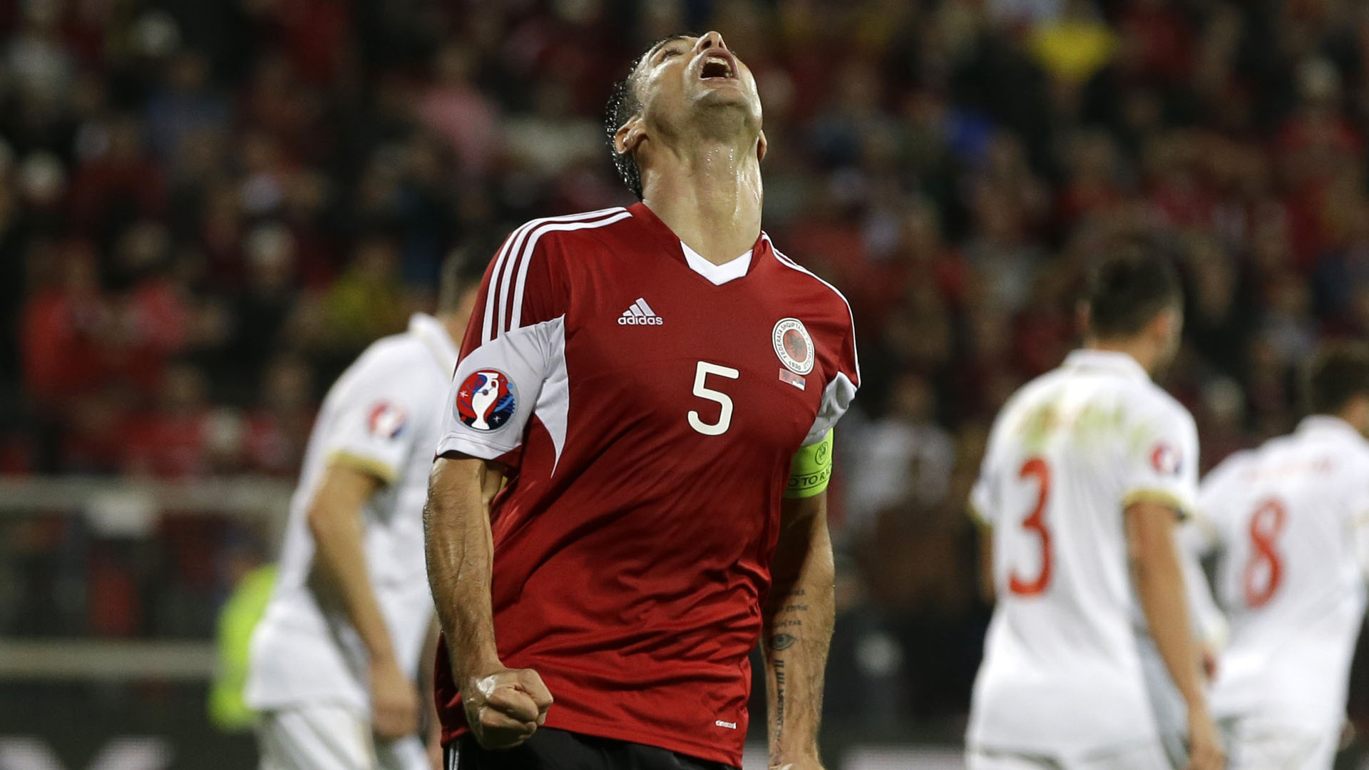 Albania's Lorik Cana reacts during the group I Euro 2016 qualifying match between Albania and Serbia at the Elbasan Arena in Elbasan, central Albania, Thursday, Oct. 8, 2015. Serbia won 2-0. (AP Photo/Thanassis Stavrakis)