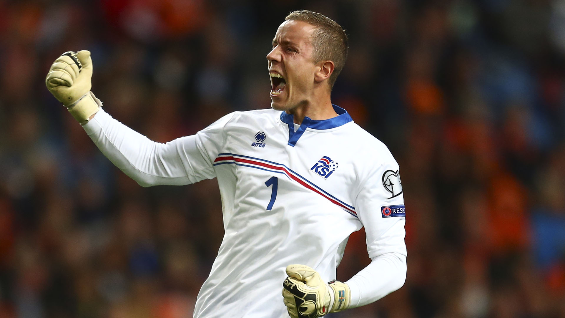 Icelands goalkeeper Hannes Halldorsson celebrates as his team scores 1-0 during the Euro 2016 qualifying soccer match between Netherlands and Iceland, at the ArenA stadium, in Amsterdam, Netherlands, Thursday, Sept. 3, 2015. (AP Photo/Peter Dejong)