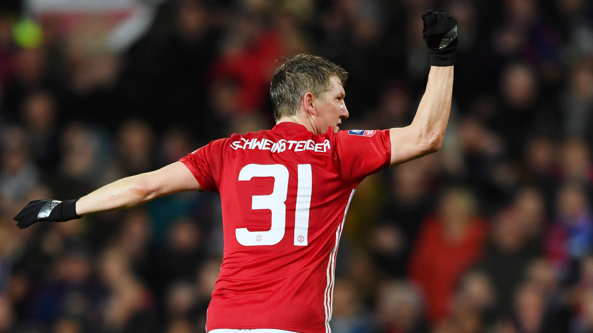 MANCHESTER, ENGLAND - JANUARY 29: Bastian Schweinsteiger of Manchester United celebrates as he scores their fourth goal during the Emirates FA Cup Fourth round match between Manchester United and Wigan Athletic at Old Trafford on January 29, 2017 in Manchester, England. (Photo by Gareth Copley/Getty Images)