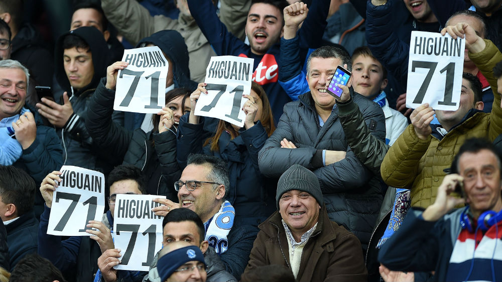 Os cartazes com "71" nas arquibancadas do San Paolo (Foto: Getty Images)