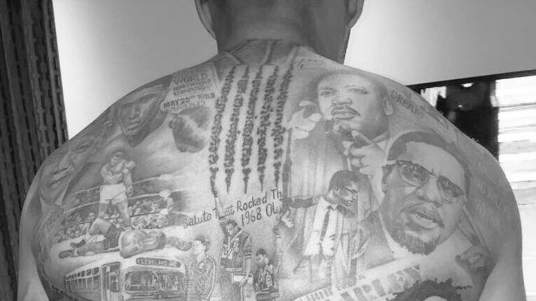 Gray tem uma tatuagem fant&aacute;stica com &iacute;cones do movimento dos negros por direitos civis
