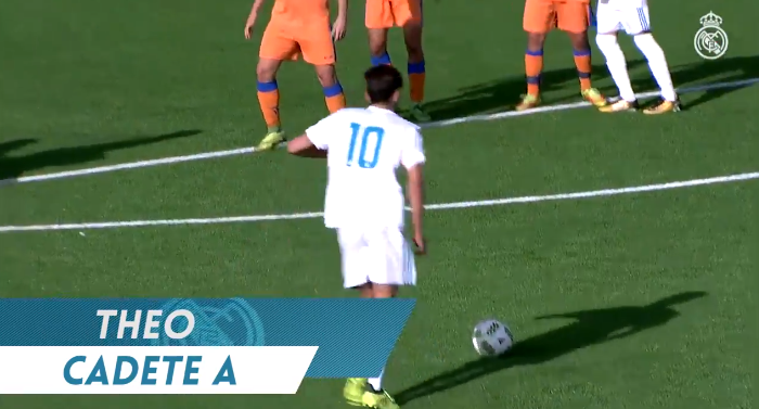 A categoria vem do ber&ccedil;o: Olha s&oacute; o gola&ccedil;o de falta que anotou Theo Zidane, de 15 anos