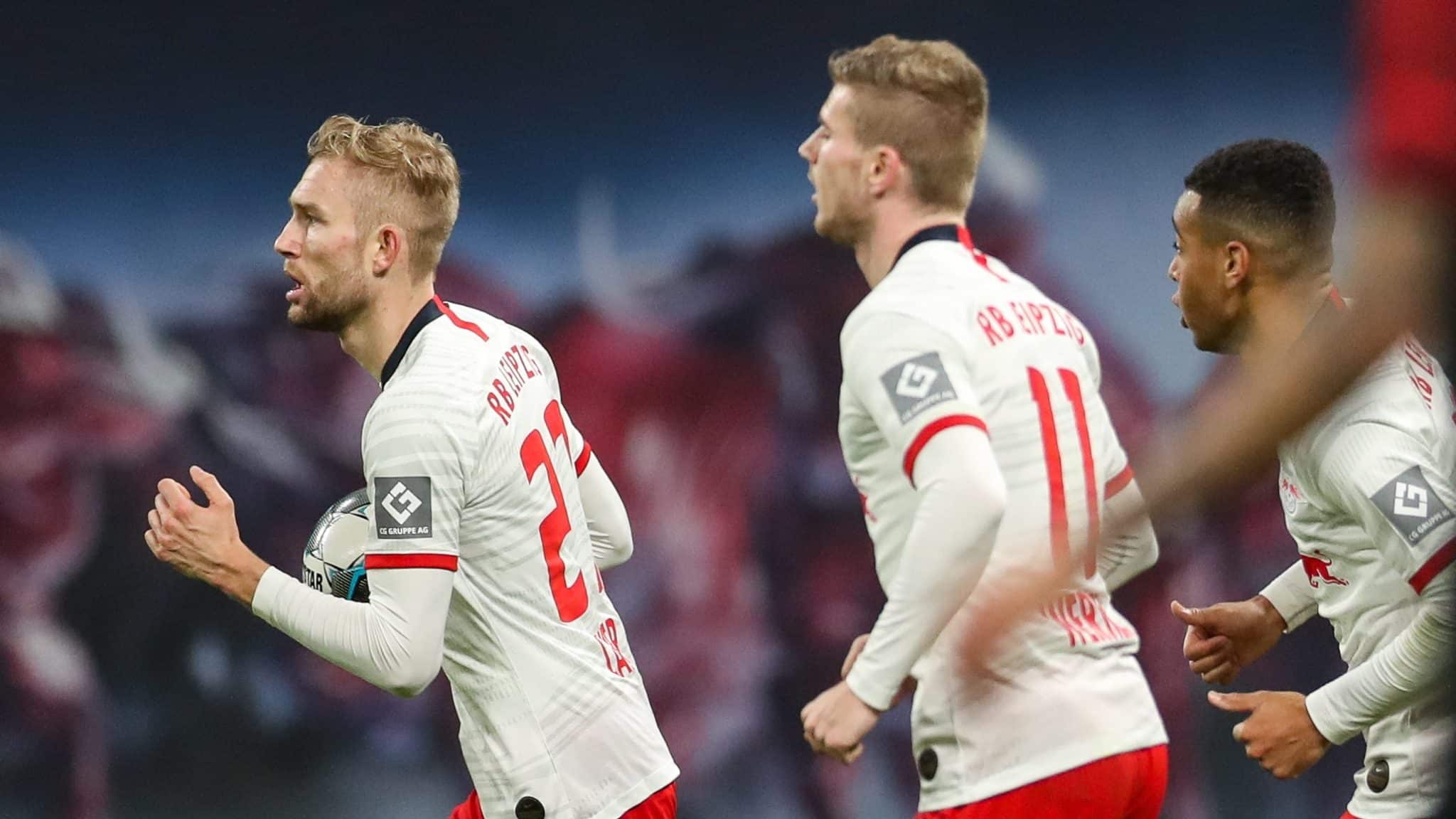 Konrad Laimer fez um belo gol para dar in&iacute;cio &agrave; virada do RB Leipzig contra o Augsburg