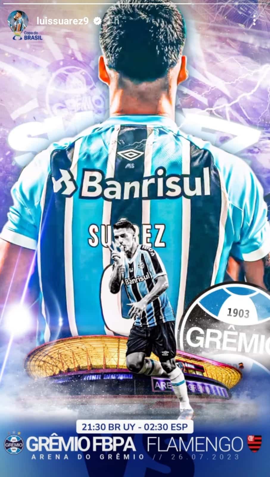 Su&aacute;rez do Gr&ecirc;mio em postagem no Instagram