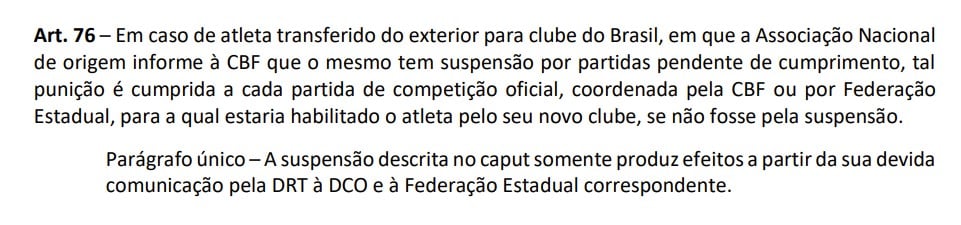 Artigo 76 do Regulamento Geral de Competi&ccedil;&otilde;es da CBF explica motivo da suspens&atilde;o de Marlon - Foto: Reprodu&ccedil;&atilde;o