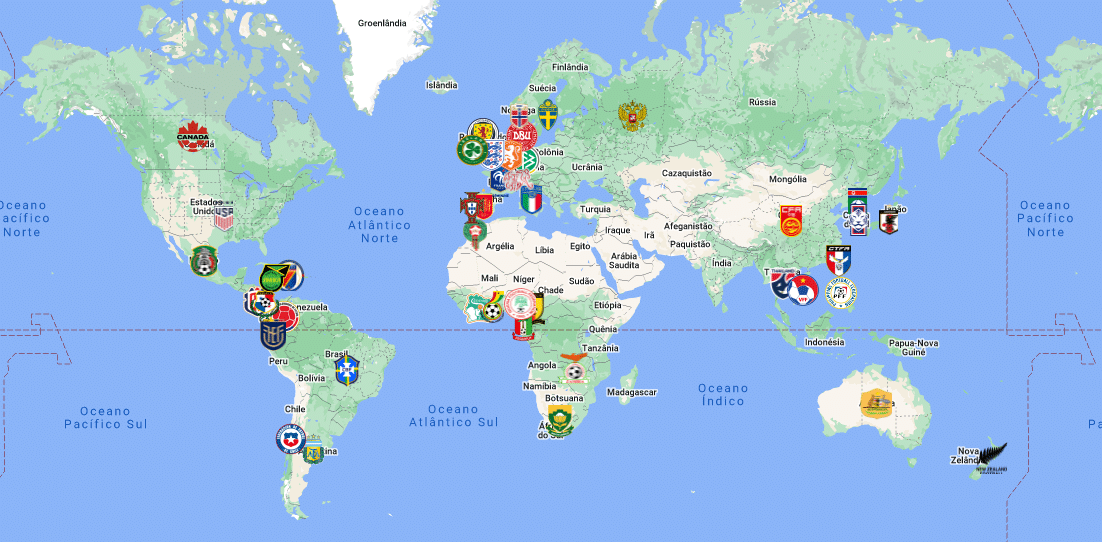 Um mapa interativo com todas as sele&ccedil;&otilde;es que j&aacute; se classificaram &agrave; Copa do Mundo Feminina