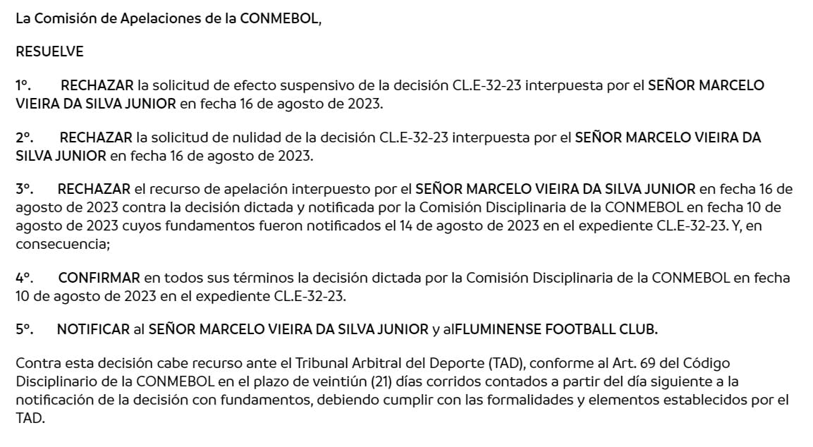Conmebol recha&ccedil;ou as apela&ccedil;&otilde;es de Marcelo e do Fluminense, e lateral segue suspenso - Foto: Reprodu&ccedil;&atilde;o