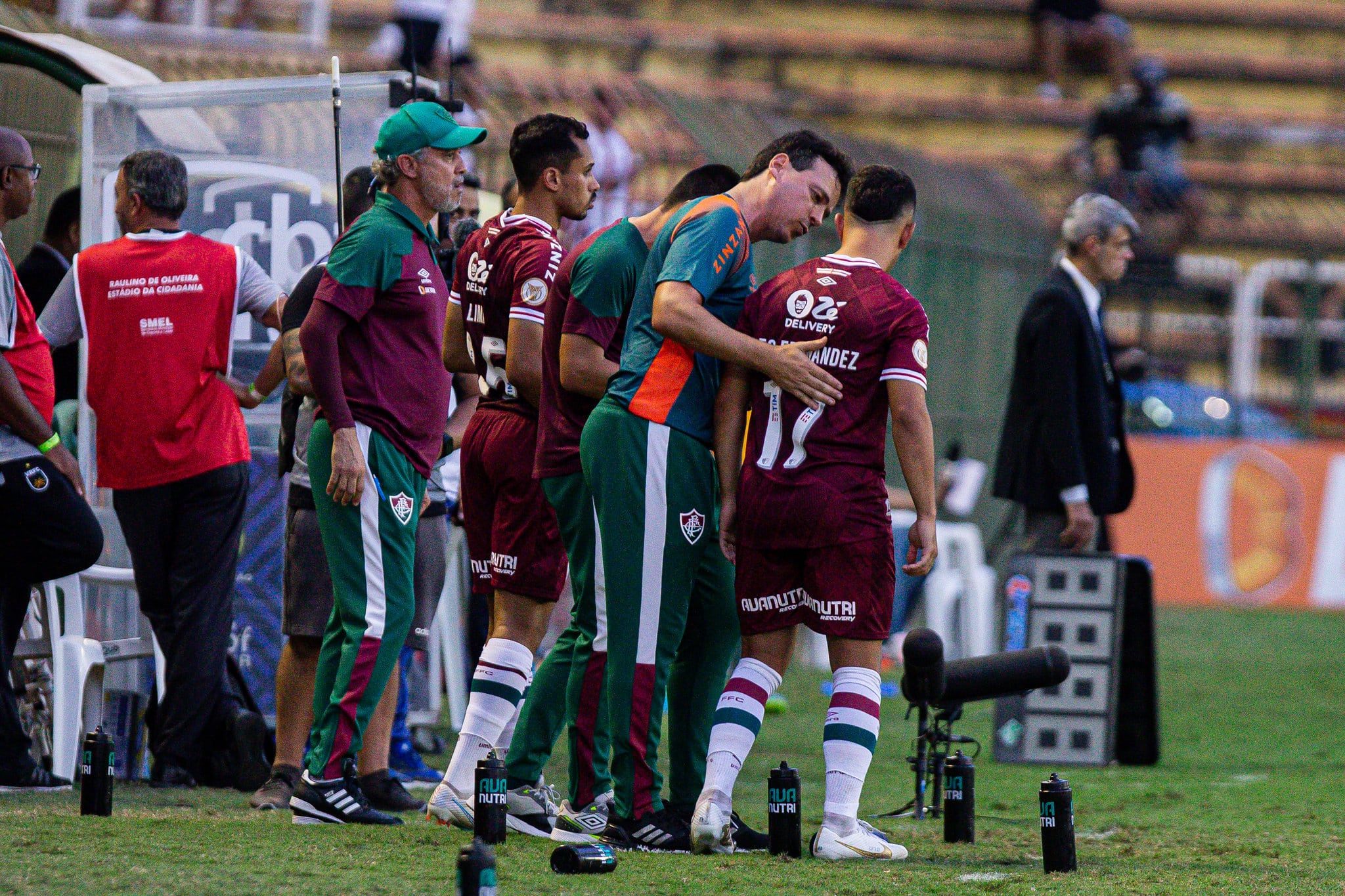 Fernando Diniz &agrave; beira do campo: t&eacute;cnico criticou arbitragem e gramado em Volta Redonda (Foto: Marcelo Gon&ccedil;alves/Fluminense FC)