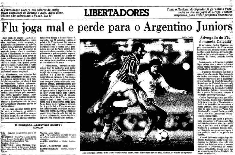 Fluminense foi eliminado pelo Argentinos Juniors na Libertadores de 1985 - Foto: Reprodu&ccedil;&atilde;o/Acervo O Globo