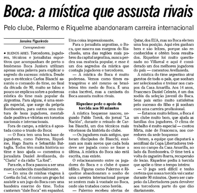 Jornal O Globo destacava a m&iacute;stica do Boca Juniors &agrave;s v&eacute;speras de semifinal da Libertadores contra o Fluminense, em 2008 - Foto: Acervo O Globo