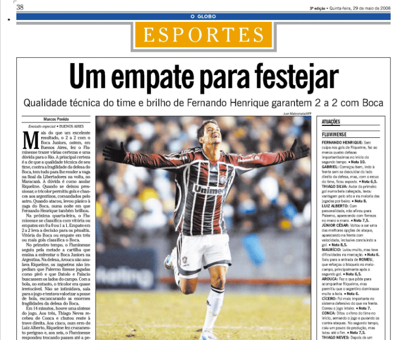Fluminense arrancou empate com gols do Boca Juniors em Avellaneda pela Libertadores em 2008. Motivo para festejar - Foto: Acervo O Globo