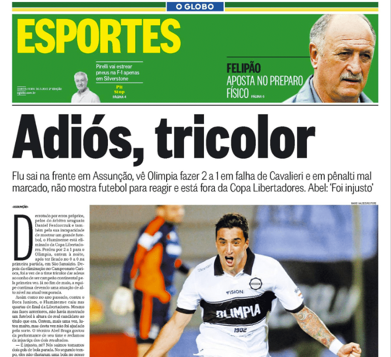 Fluminense foi eliminado da Libertadores pelo Olimpia em 2013 e deu o troco 10 anos depois - Foto: Reprodu&ccedil;&atilde;o/Acervo O Globo