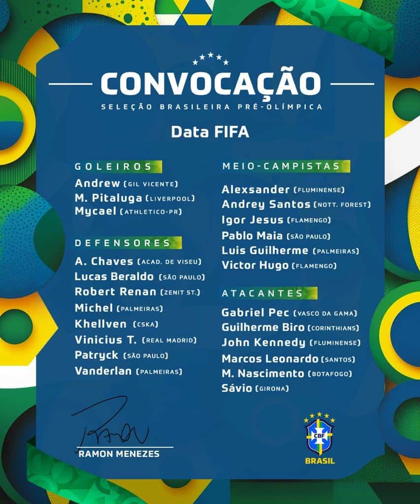 Ramon Menezes convocou 23 jogadores para um per&iacute;odo de treinos com a Sele&ccedil;&atilde;o Pr&eacute;-Ol&iacute;mpica na Data Fifa - Foto: Divulga&ccedil;&atilde;o/CBF