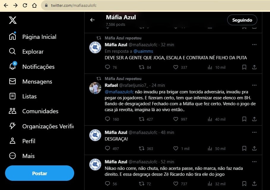 M&aacute;fia Azul repostou tweet que dizia que o objetivo da torcida era atacar os jogadores e n&atilde;o torcedores advers&aacute;rios