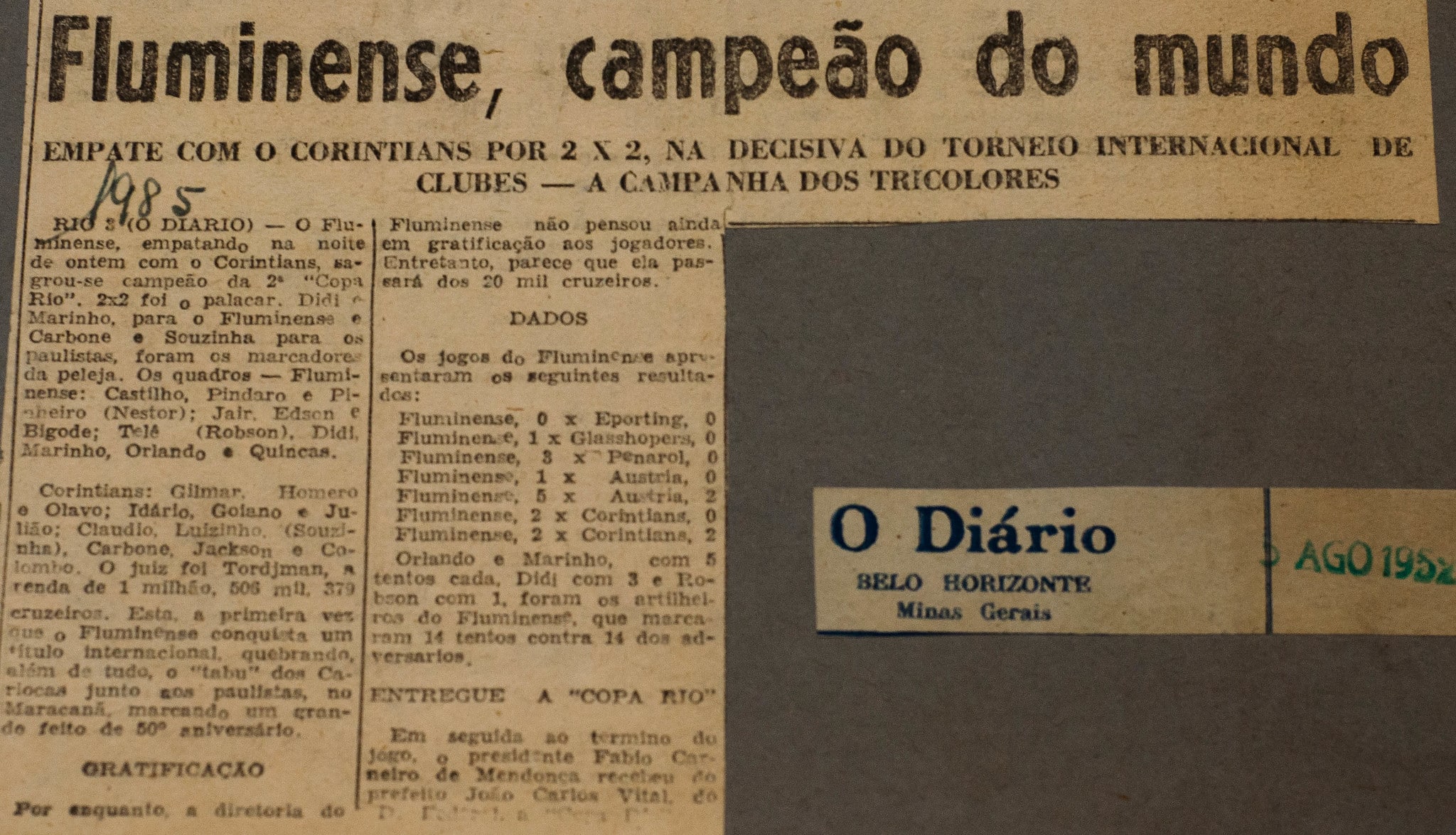 Manchete de jornal afirma que Fluminense foi campe&atilde;o do mundo entre clubes em 1952 - Foto: Flu Mem&oacute;ria