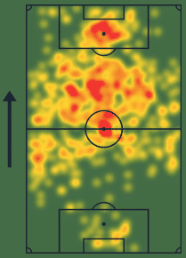 Mapa de calor de Juan Dinenno, que se aproxima do Cruzeiro, pelo Pumas