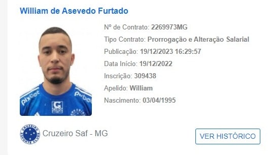 Renova&ccedil;&atilde;o de William com o Cruzeiro foi publicada no BID nessa ter&ccedil;a-feira (19)