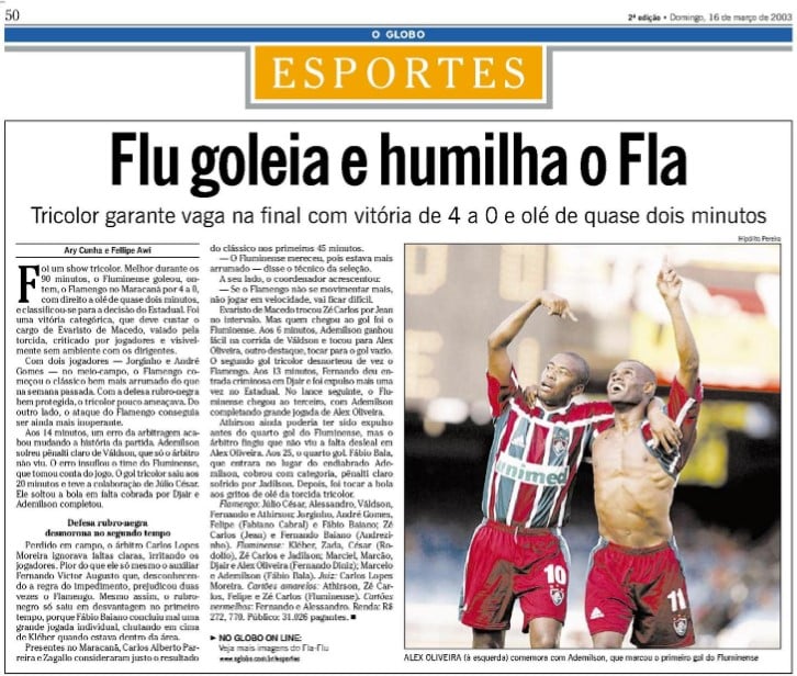 Fluminense goleou o Flamengo por 4 a 0 na semifinal do Campeonato Carioca de 2003 - Foto: Reprodu&ccedil;&atilde;o/Acervo O Globo