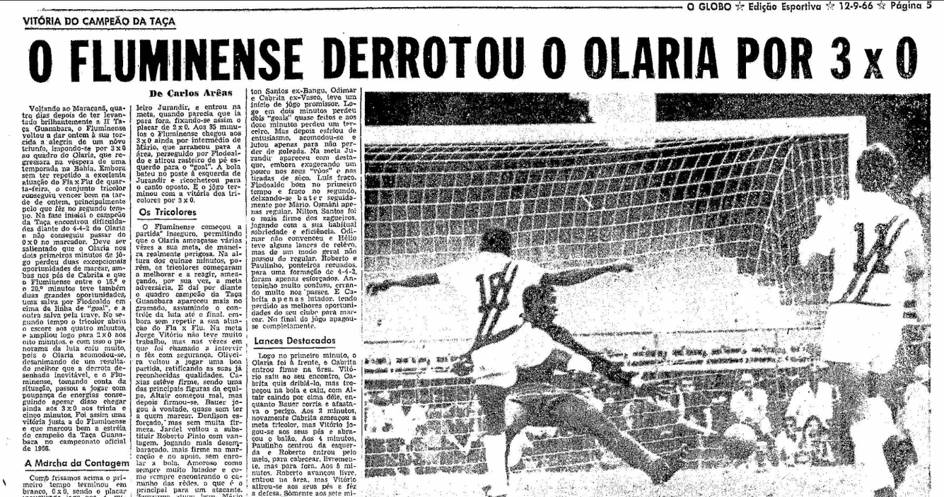 Fluminense derrotou o Olaria por 3 a 0 com uma camisa branca com faixa diagonal tricolor por cima - Foto: Reprodução/Acervo O Globo