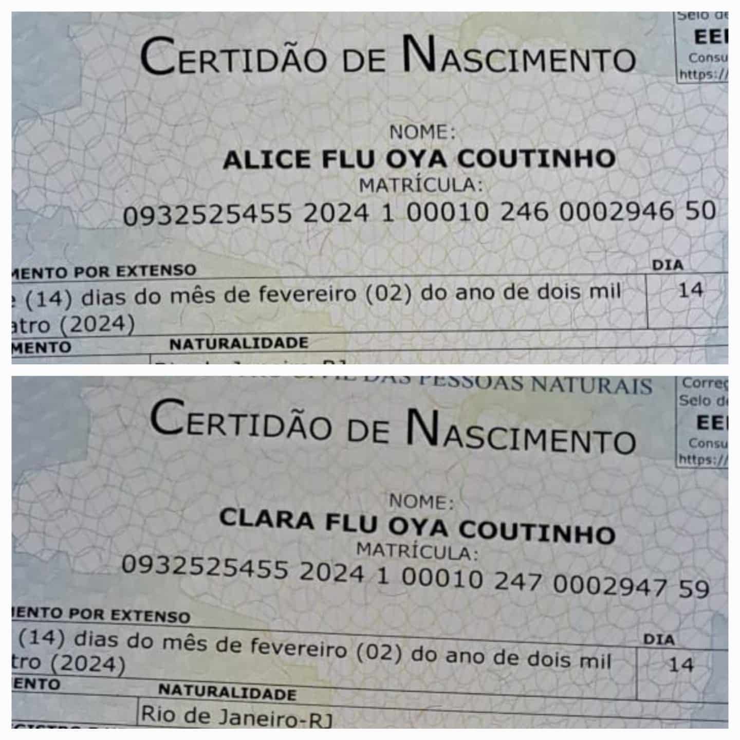 Alice Flu e Clara Flu foram registradas com o Fluminense eternizado em seus nomes - Foto: Acervo Pessoal