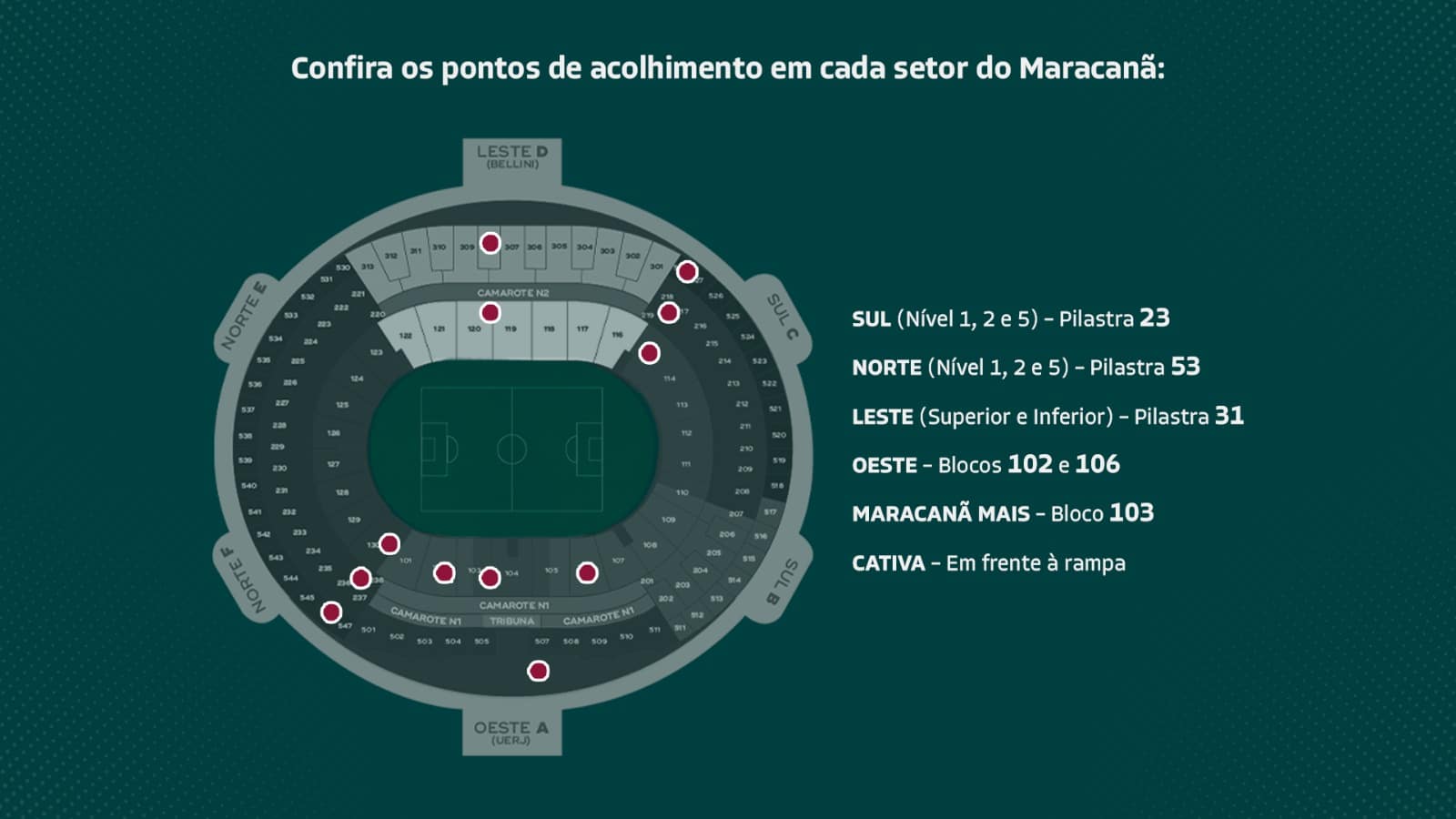 Mapa do Maracan&atilde; com pontos de acolhimento para mulheres v&iacute;timas de ass&eacute;dio ou viol&ecirc;ncia no Maracan&atilde; - Foto: Divulga&ccedil;&atilde;o/Fluminense FC