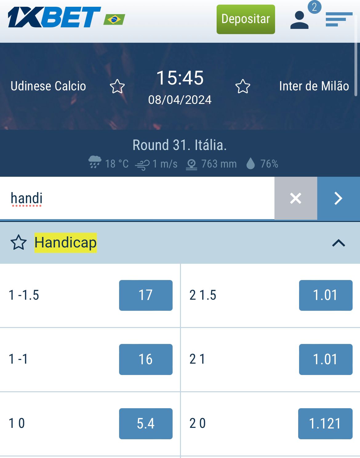 Interface e mecanismo de busca de mercado do 1xbet app