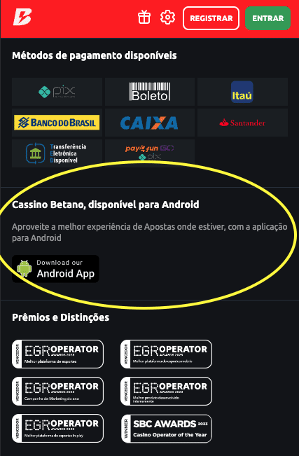 disponibilidade do aplicativo da Betano somente para Android