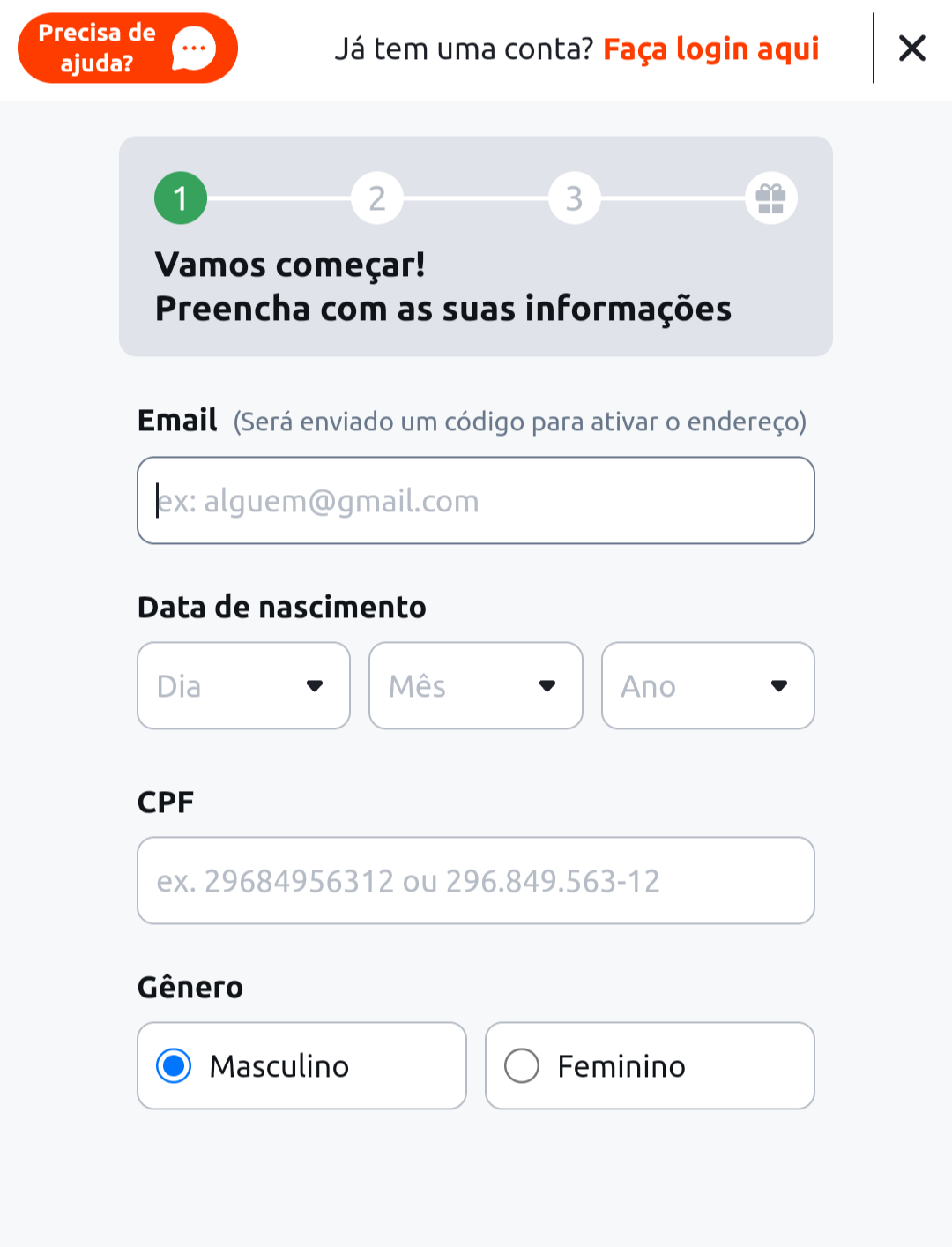 Formul&aacute;rio de cadastro na Betano