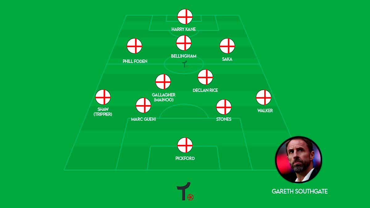 Com um meio-campo renovado, a Inglaterra deve jogar em um 4-2-3-1, mas pode variar ao usar pe&ccedil;as como Alexander-Arnold e Cole Palmer. Foto: Reprodu&ccedil;&atilde;o Trivela