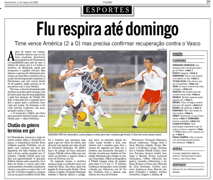 Fluminense venceu o America por 2 a 0 na estreia de Thiago Silva, em 2006 - Foto: Reprodu&ccedil;&atilde;o/Acervo O Globo