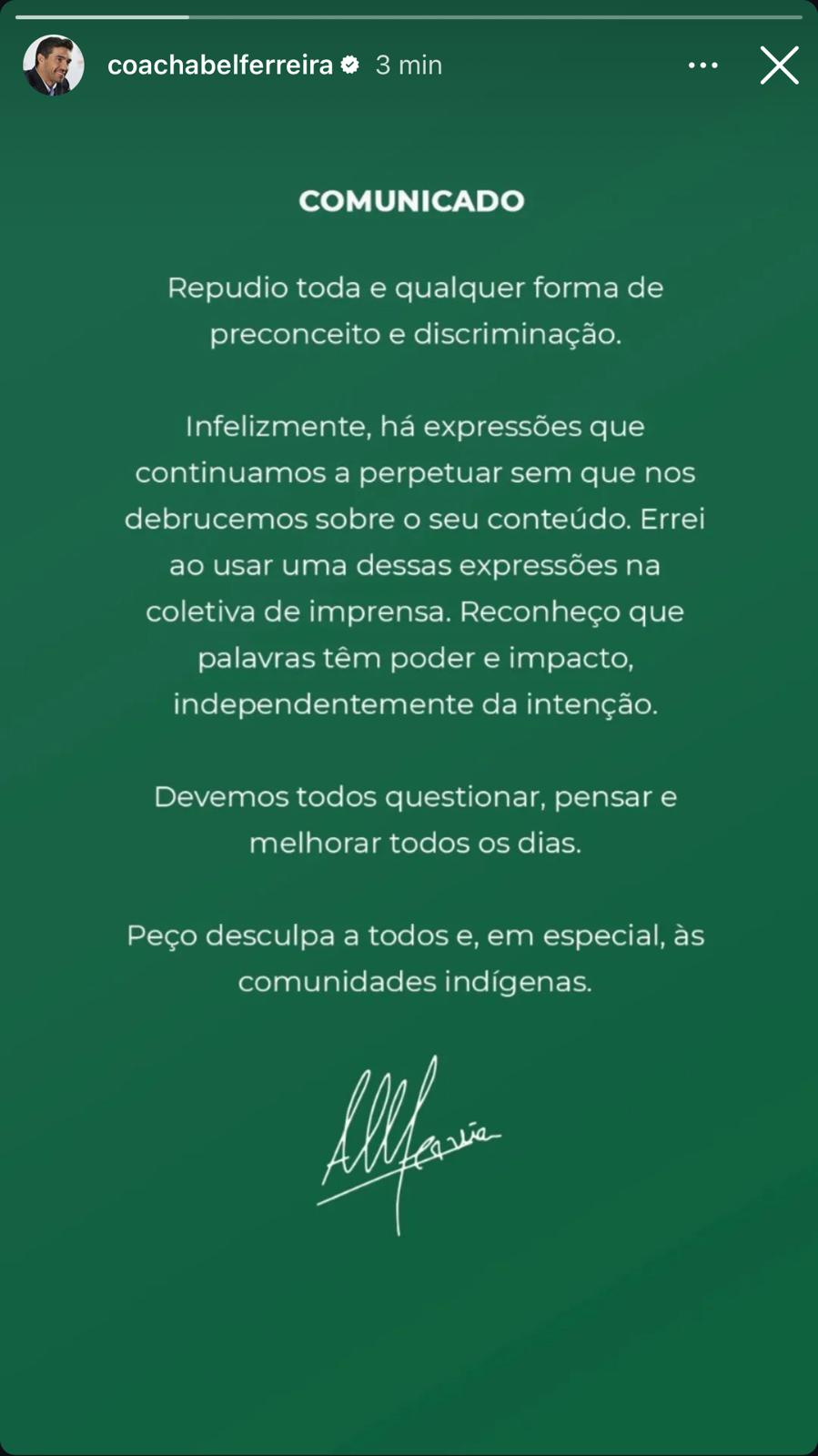 Comunicado publicado por Abel Ferreira no Instagram