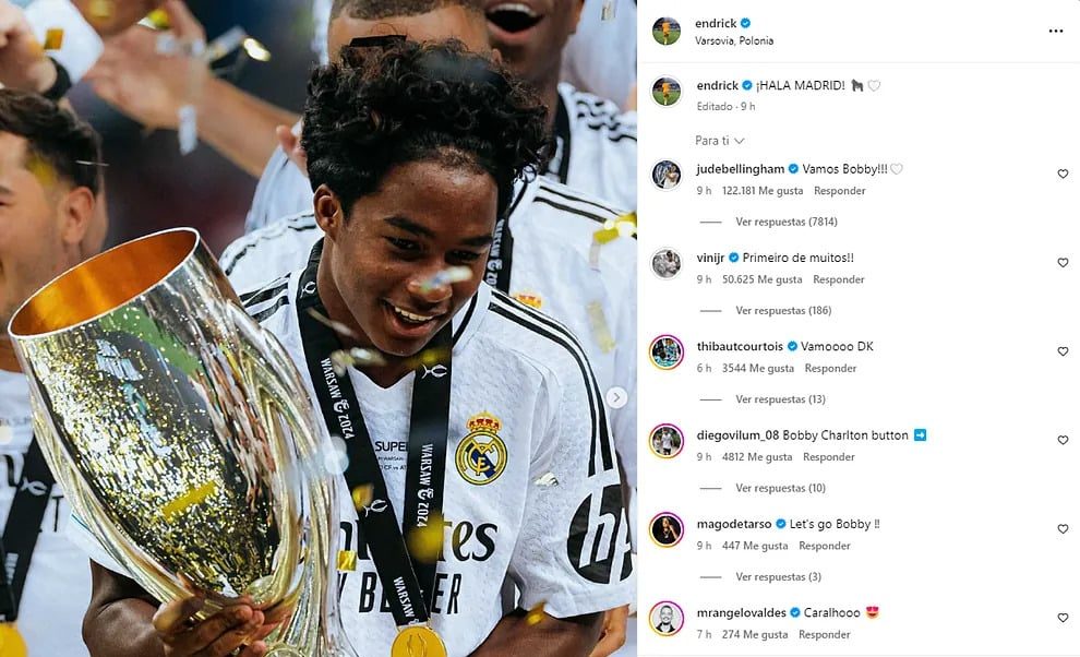 Jogadores do Real Madrid chamam Endrick de 'Bobby' nas redes sociais. Foto: Reprodu&ccedil;&atilde;o Instagram