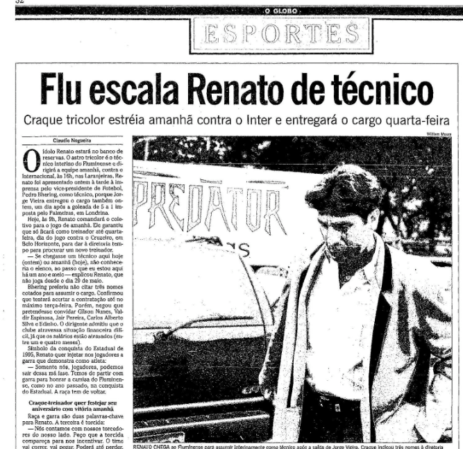 Renato Ga&uacute;cho virou t&eacute;cnico e jogador em 1996 no Fluminense - Foto: Acervo O Globo