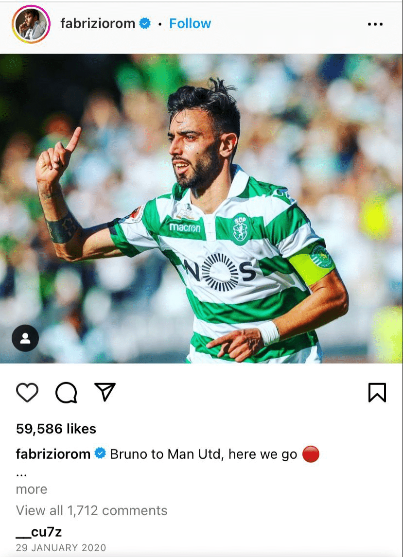 Print de um post do jornalista Fabrizio Romano trazendo a ida de Bruno Fernandes ao Manchester United