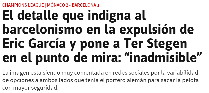 Jornal AS considera erro de goleiro do Barcelona que causou expuls&atilde;o de Eric Garcia como inadmiss&iacute;vel
