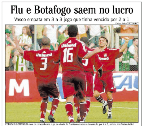 O Fluminense, que havia perdido em jogo 'contaminado' pela M&aacute;fia do Apito, venceu o Juventude de virada em 2005, em sua &uacute;nica vit&oacute;ria em Caxias do Sul - Foto: Reprodu&ccedil;&atilde;o/Acervo O Globo
